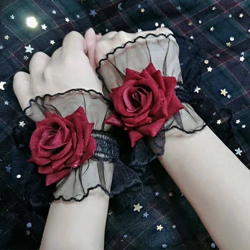 Lolita Short Hand Sleeve Gloves Lace Rose Flower Wrist Cuffs Ruffled Floral Elastic Bracelet Women Cosplay Clothing Wristband