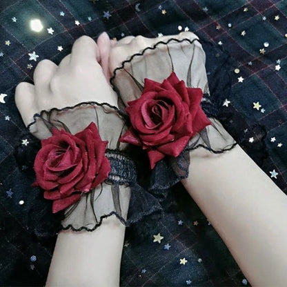 Lolita Short Hand Sleeve Gloves Lace Rose Flower Wrist Cuffs Ruffled Floral Elastic Bracelet Women Cosplay Clothing Wristband