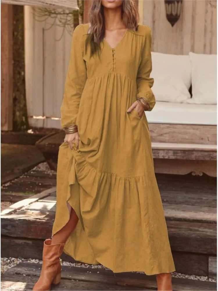 Autumn Winter Women's Clothing New Fashion Solid Color Button Cotton Linen Retro Casual Long Sleeved Dress Big Swing Long Skirt