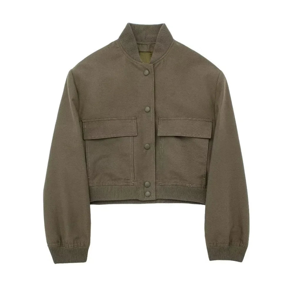 Women Fashion with Pockets Cropped Bomber Jacket Coat Vintage Long Sleeve Front Button Female Outerwear Chic Tops y2k clothes