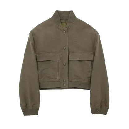 Women Fashion with Pockets Cropped Bomber Jacket Coat Vintage Long Sleeve Front Button Female Outerwear Chic Tops y2k clothes