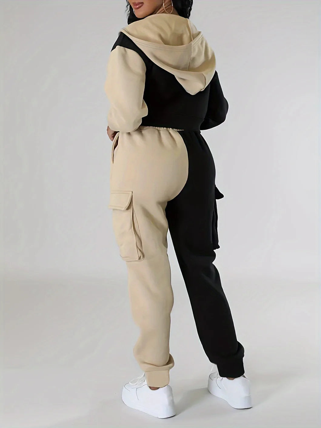 Women Loose Autumn Winter Two Pieces Suit Matching Sets Hoodie Tracksuit Blocked Zipper Short Outerwear Drawstring Cargo Pants