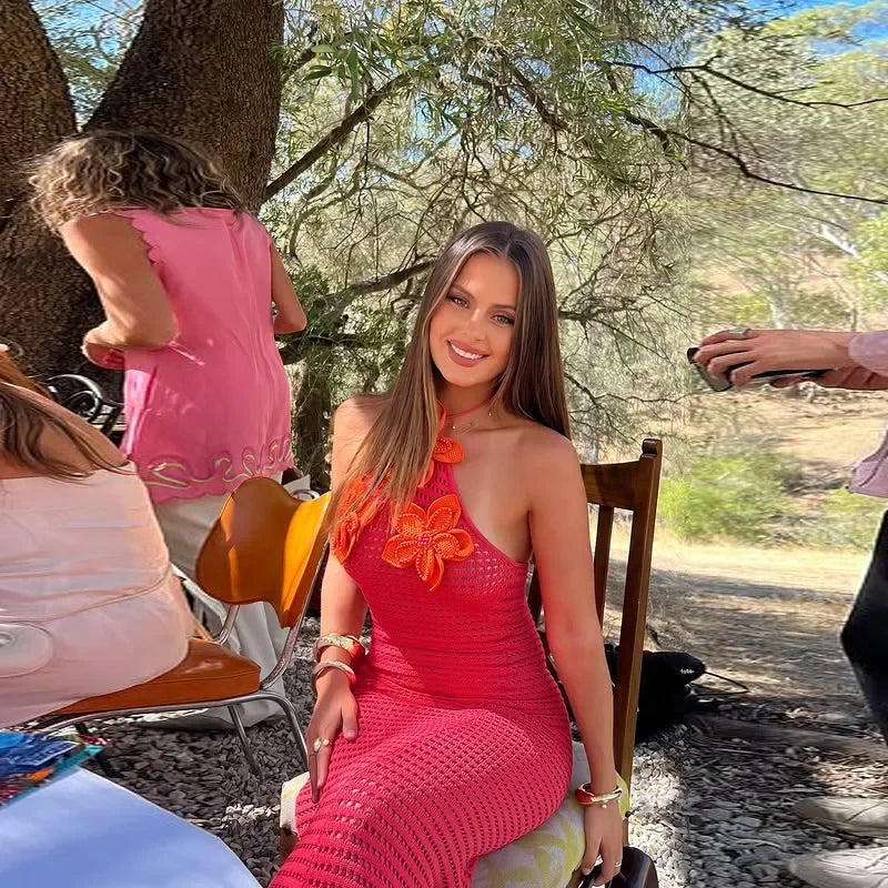 Sexy Crochet Hollow Out Long Halter Dress Women 3D Flower Backless Sleeveless Beach Dresses 2025 Summer Lady Vacation Robes New