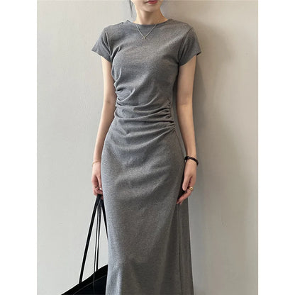 Slim Fit T-irt Dr Women's Spring Summer ort Sve Pleated Waist Cinching A-Line Midi Dr Small Stature 50
