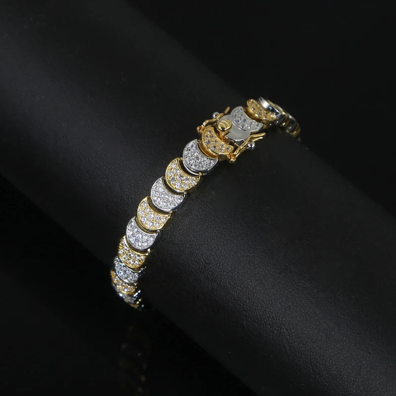 Two Tone Gold Color Paved 5A Cubic Zirconia CZ Moon Shaped Charm Link Chain Fashion Women Bracelet 2025 Gift
