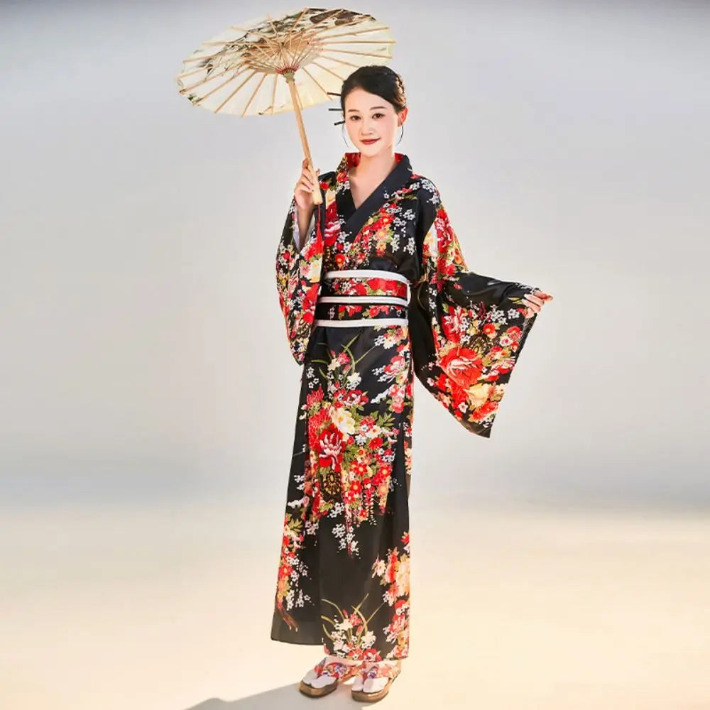Cosplay Costume Traditional Japanese Kimono Japanese Style Printed Floral Sakura Girl Kimono Dress Elegance Asian