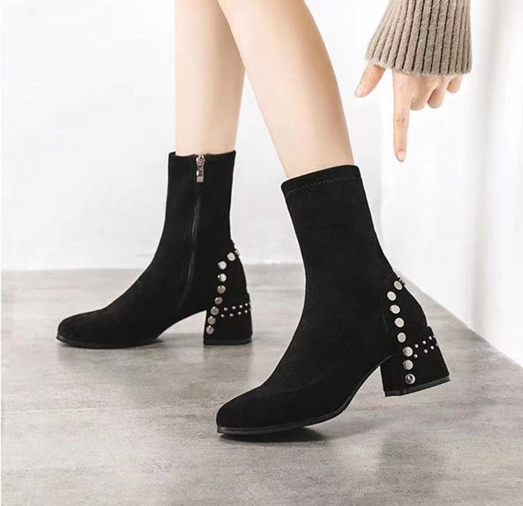 Mid Calf Round Toe Black Shoes For Women Ladies Boots Biker Footwear Studded Half High Gothic Hot Stylish And Low Price Pu