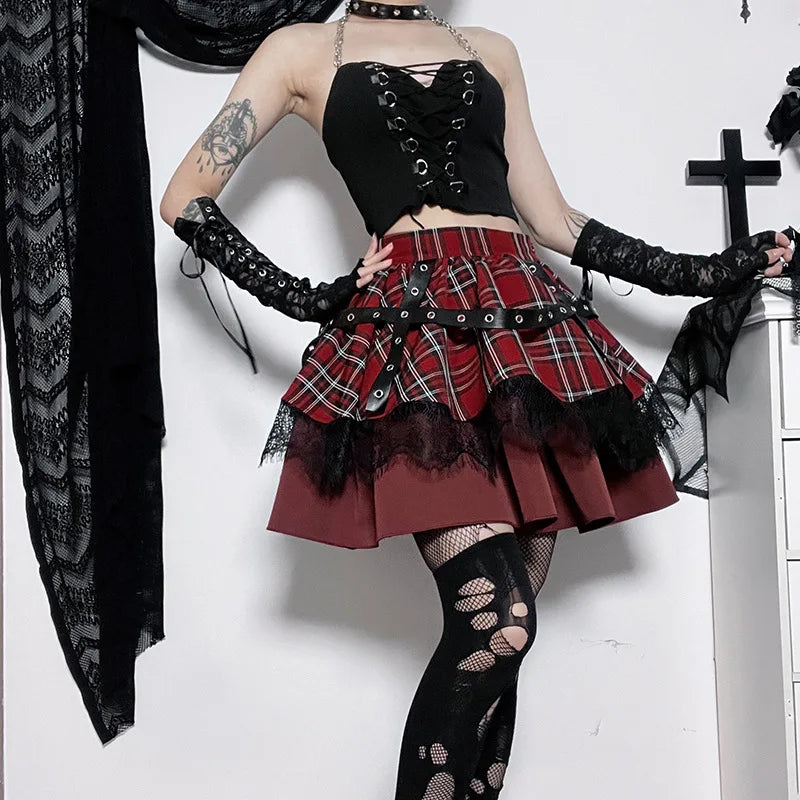 plus Size Gothic Harajuku Plaid Pleated Skirt Y2K Lolita Sweet Lace Mini Punk Kawaii Cosplay Costume Girls Clothing