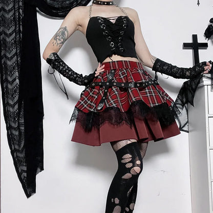 plus Size Gothic Harajuku Plaid Pleated Skirt Y2K Lolita Sweet Lace Mini Punk Kawaii Cosplay Costume Girls Clothing