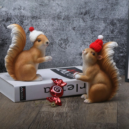 1 set of Christmas squirrels holding gifts and holiday decorations