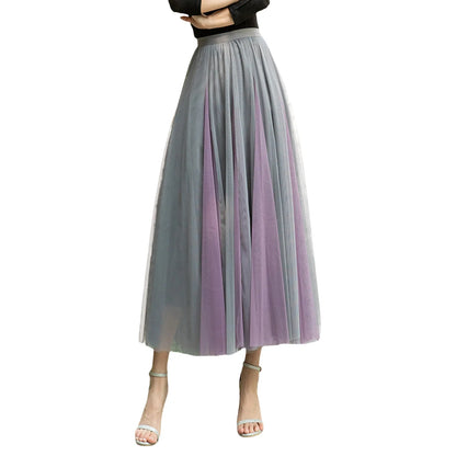 Women Color Block A-line Skirt Mid Length Drape Feeling High Waist Slim Mesh Skirts Carnival Festival Party Performance Costume