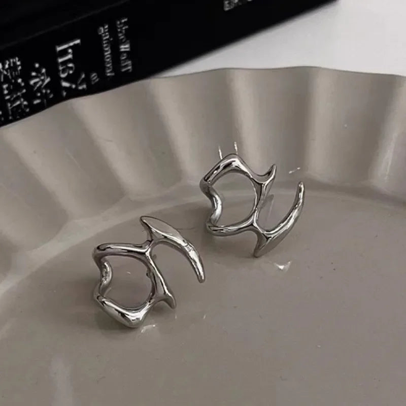 Y2K Irregular Liquid Earrings for Women Silver Color Hip-Hop Punk Fashion Geometric Earring Clip Girl 2023 Trendy Party Jewelry