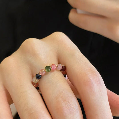 Natural Stone Rainbow Rings Fashion Retro Handmade Metal Wire Winding Beaded Open Adjustable Ring Female Charm Jewelry Gifts