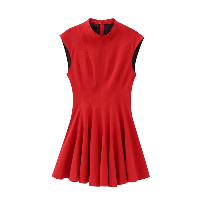 Elegant Sleeveless Pleated Mini Dress for Women Fashion High Waist Female Evening Dresses 2024 Autumn New Ladies Robe Streetwear