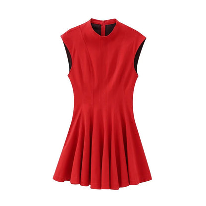 Elegant Sleeveless Pleated Mini Dress for Women Fashion High Waist Female Evening Dresses 2024 Autumn New Ladies Robe Streetwear
