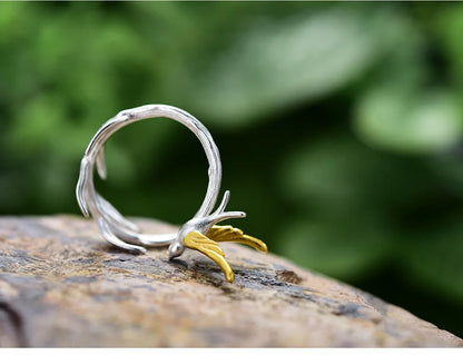 Lotus Fun 18K Gold Swallow Willow Branch Unusual Asymmetrical Rings for Women Real 925 Sterling Silver Original Fine Jewelry
