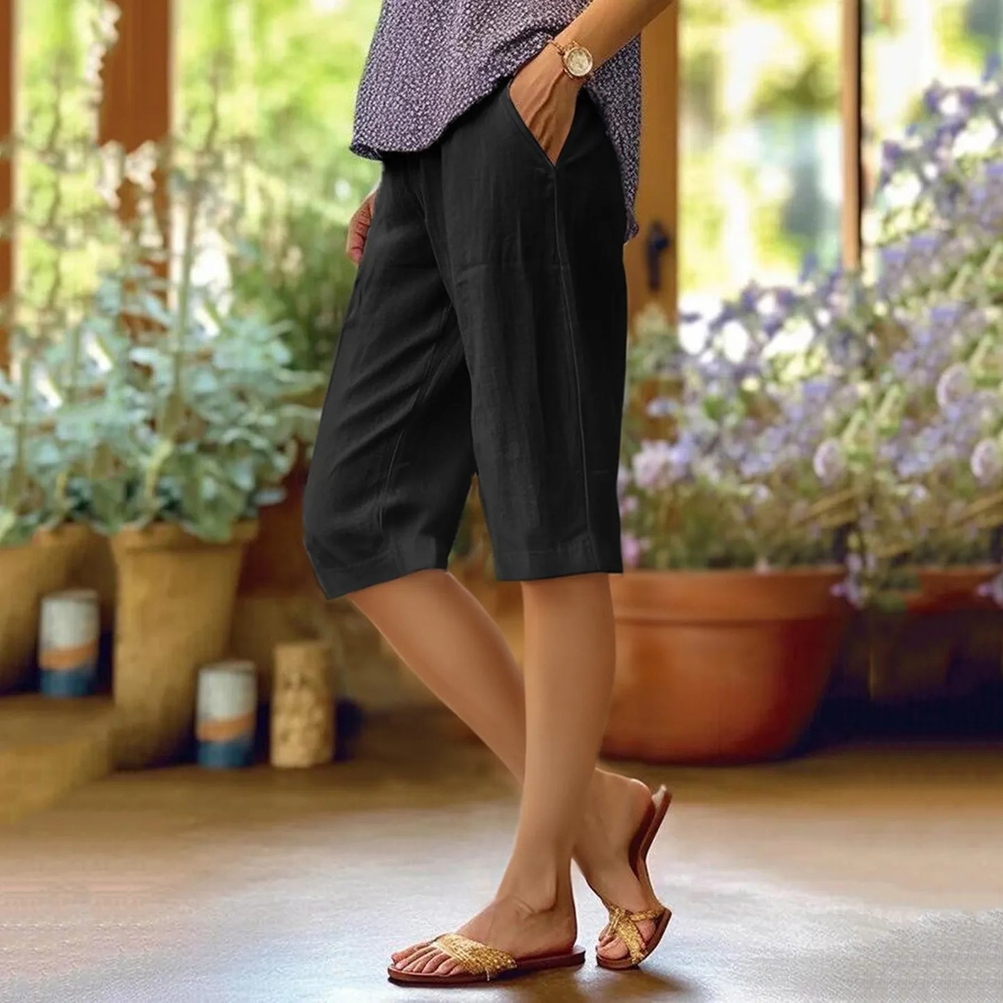 Outdoor Comfortable Beach Pants Womens Fashion Solid Large Pocket Elastic Casual Pants Pocket Capris Breathable Plus Size Pants