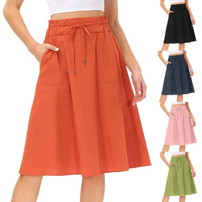 Summer Knee Length Boho Skirt Women Drawstring Ruffled High Waist Lace Up Solid Color A-Line Skirt Pockets Pleated Skirt