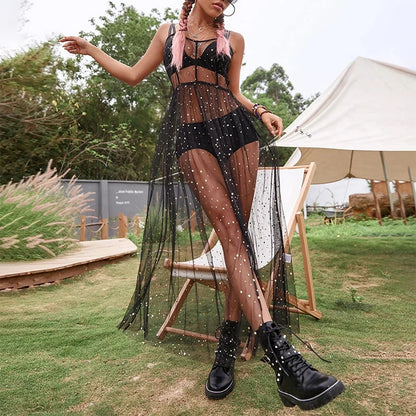 Women's Mesh Transparent Summer Dress Sleeveless Beach Dresses Bikini Cover Up Lightweight Beach Poncho Holiday  Beachwear