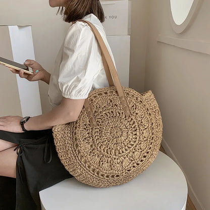 Round Straw Beach Bag Vintage Handmade Woven Shoulder Bag Raffia circle Rattan bags Bohemian Summer Vacation Casual Bags