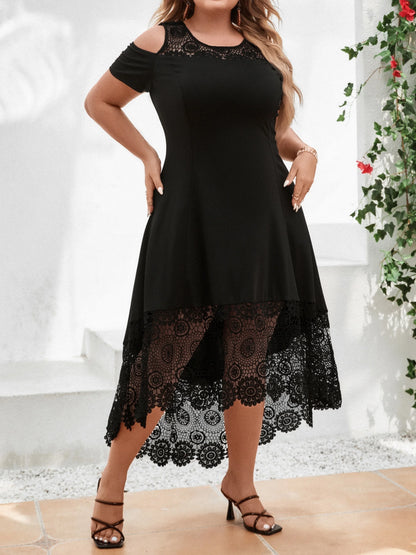 Plus Size Women' Solid Elegant Lace Spliced Cold Shoulder Midi Dress Summer Ladies Banquet Party Cocktail Sundress Size 0XL-5XL