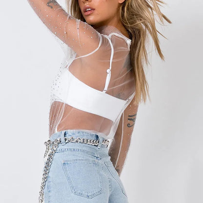 Women Sexy See Through Shirts Perspective Mesh Long Sleeve Tops Turtleneck Neck Sheer Blouse Shine Rhinestone T-Shirts Tee Club