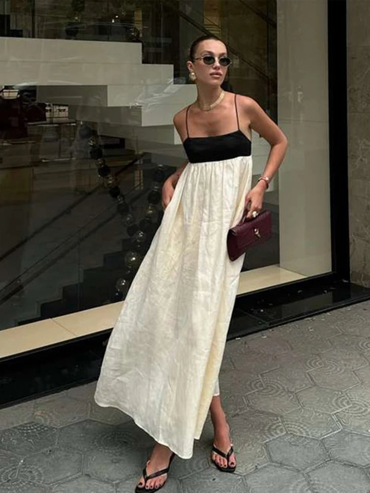 Contrast Loose Sling Women Dresses Sleeveless Backless Square Collar Female Dress 2024 Fashion High Waist Summer Sexy Lady Robe