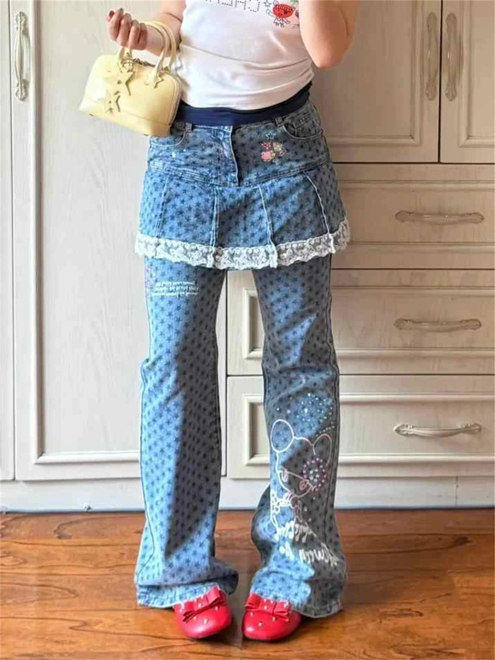 Women Shoujo Star Print Jean Y2k Japanese Harajuku Low Rise Patchwork Denim Flare Pants 2000s Kpop Bell-Bottom Long Trousers