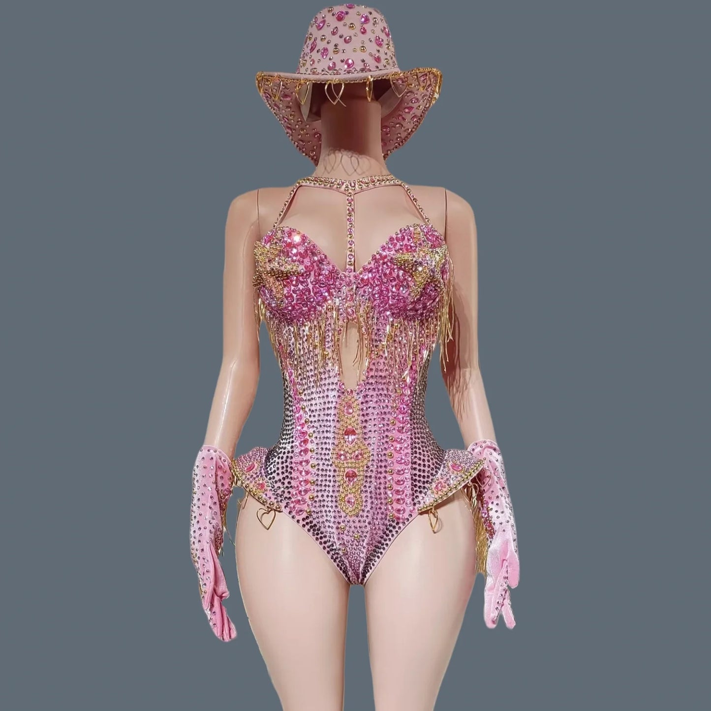 Women Sparkly Rhinestone Red Bodysuit 4Pieces Set Nightclub Party Stage Show Outfit Cabaret Carnival Showgirl Sexy Wear Hongding