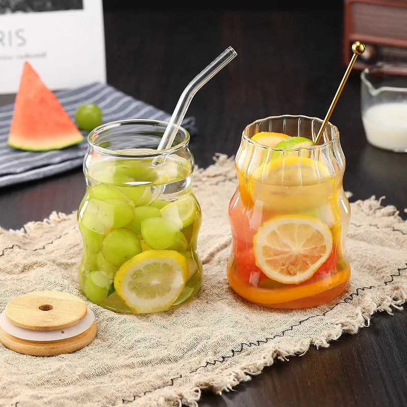 YWDL 500ml Glass Tumblers Cups With Straw Mason Jar Clear Juice Coffee Milk Cup With Bamboo Lids Drinkware Stripe Beer Mug