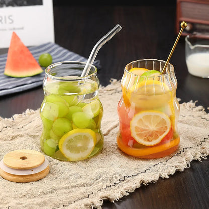 YWDL 500ml Glass Tumblers Cups With Straw Mason Jar Clear Juice Coffee Milk Cup With Bamboo Lids Drinkware Stripe Beer Mug