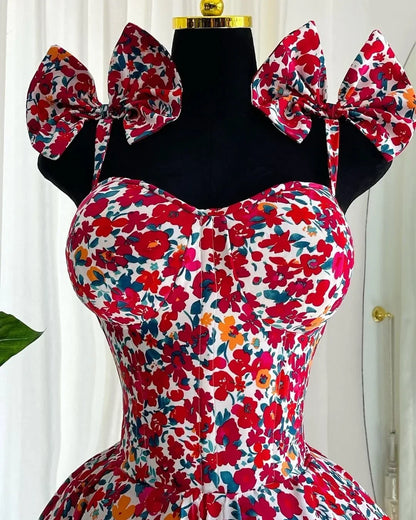 Elegant Floral Print A- Line Mini Dress with Bow Knot High Waist Slimming for Women Spring Season Fashion Casual Skirt