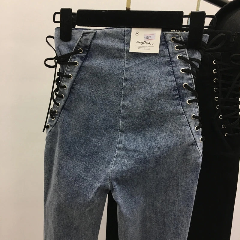 Jeans Women Lace-up Skinny All-match Zipper Simple Trendy Ankle-Length Trousers Womens Spring Autumn Slim Female High Quality