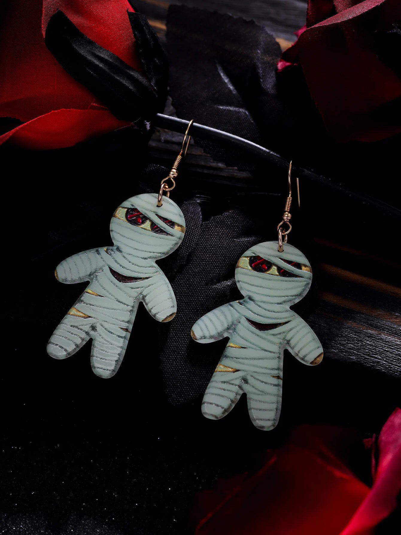 EtherealBe Halloween earrings for women featuring mummy design with red eyes and gold hooks