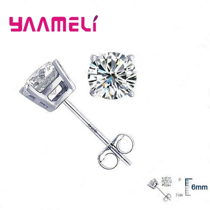 Classic CZ Crystal Stud Earrings 925 Sterling Silver Color for Women Men Unisex Gift AAA Cubic Zircon Wedding Party Jewelry
