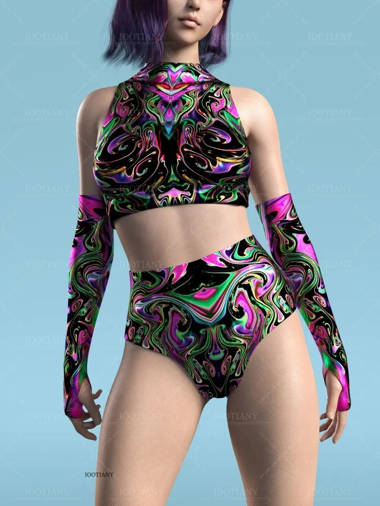 Adult Sleeveless Multicolor Role Play Bodysuit Swimsuit Women Sexy Hollow Off Shoulder Graffiti Art Bodycon Performance Costume