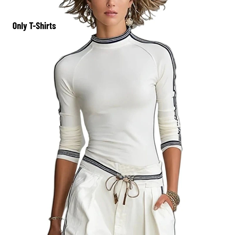 Krisstargirl Women 2026 Skinny White T-Shirts Spring Black Striped Long Sleeves Casual Strecth Slim Base Layer Tops for Ladies
