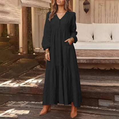 Autumn Winter Women's Clothing New Fashion Solid Color Button Cotton Linen Retro Casual Long Sleeved Dress Big Swing Long Skirt