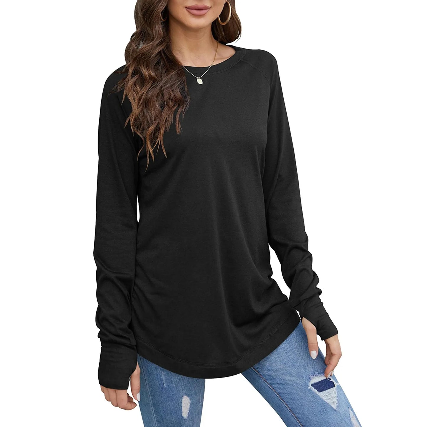 Women's Solid Round Neck Loose Long Sleeve Medium Length Leaky Thumb T-shirt Top