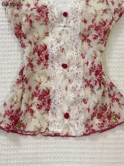 2025 Summer Woman Floral Halter Lace Blouse 2025 Vintage Sexy Slim Fit Fairy Korean Fashion Female Tops Outfits Elegant Style