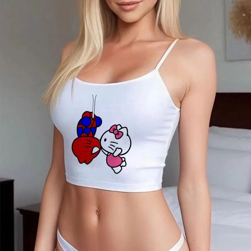 Model wearing white Sanrio Hello Kitty cute crop top . with spaghetti straps and front Hello Kitty print