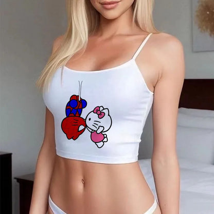 Model wearing white Sanrio Hello Kitty cute crop top . with spaghetti straps and front Hello Kitty print