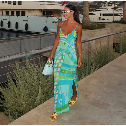 Chic Print Sling Long Dress Women Sleevless Backless Side Split Party Dresses 2025 Summer Street Beach Lady Ankle-length Robes