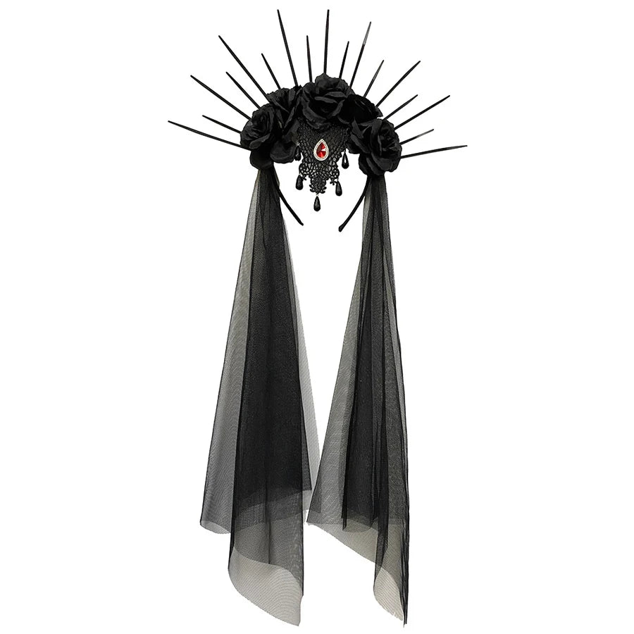 Gothic black rose veil headband with spikes and flowing black tulle ribbons for a dramatic look