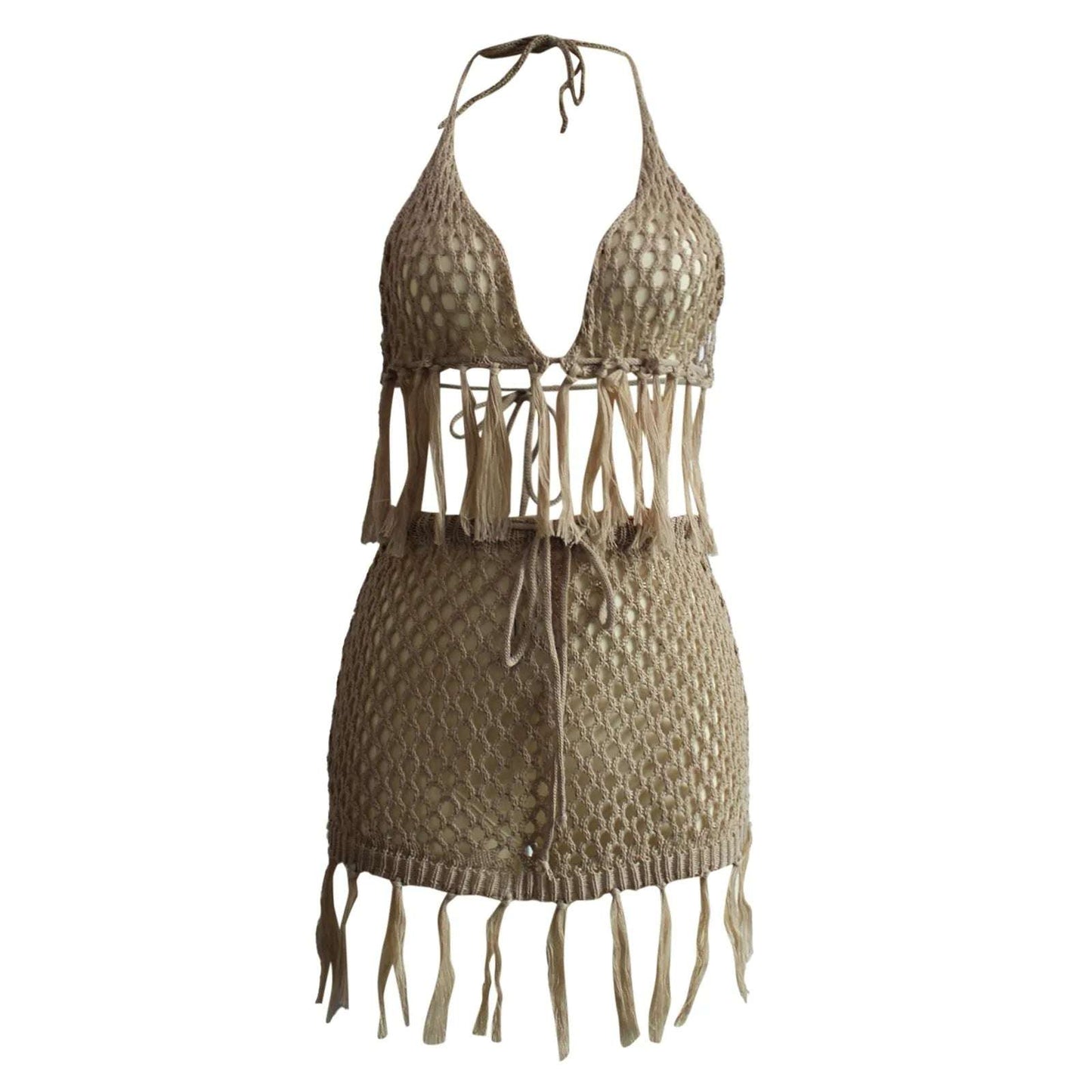 Women'S Sexy Halter Deep V Bikinis Set New Hollow Knit Tassels Swimsuit Drawstring Lace Up Bikini Cover Up 3 Pieces Swimsuit