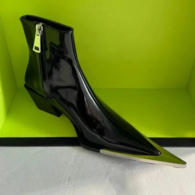 Luxury Designer Pointed Toe Chelsea Boots Women 2025 Fall Chunky Heel Metal Toe Decoration High Heels Side Zip Black Ankle Boots