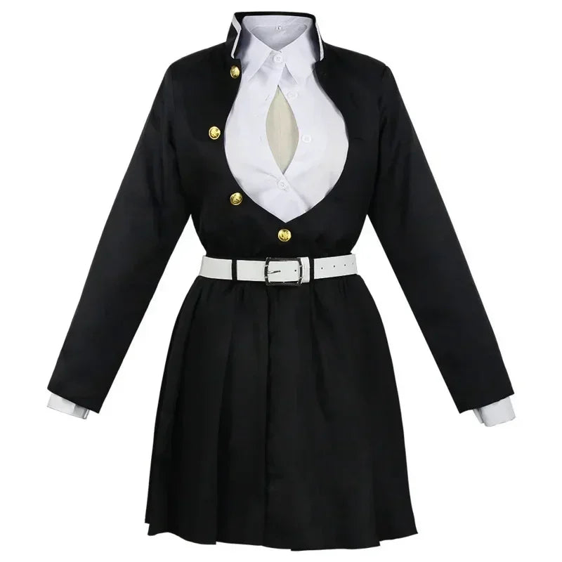 Mitsuri Kanroji cosplay costume featuring a stylish black design with gold buttons and a white belt