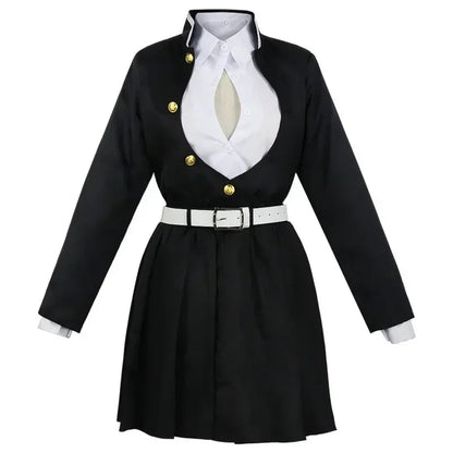 Mitsuri Kanroji cosplay costume featuring a stylish black design with gold buttons and a white belt