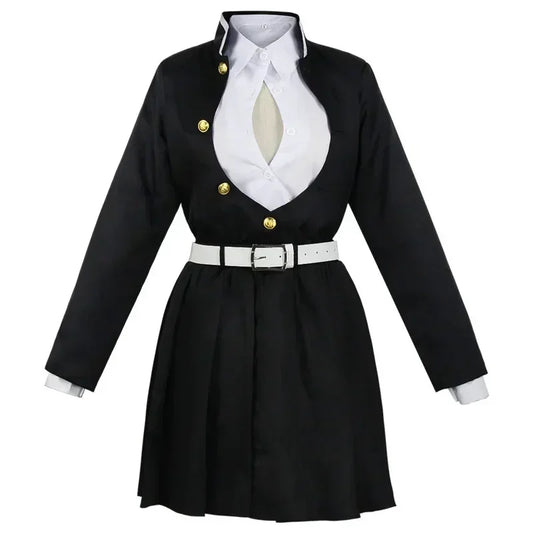Mitsuri Kanroji cosplay costume featuring a stylish black design with gold buttons and a white belt
