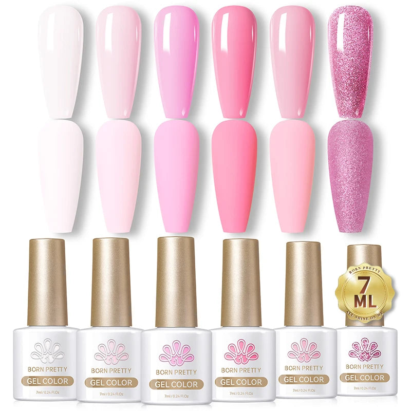 BORN PRETTY 7ml Glitter Gel Nail Polish Set Sparkly Shiny Gold Silver Pink Glitter Gel Polish Kit Winter Christmas Gift Box